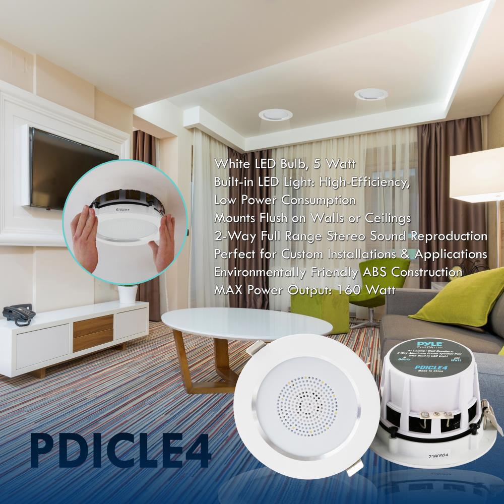 Pyle Pro PDICBLE4 4.0" Aluminum Alloy Frame Ceiling Wall Speakers with LED Light