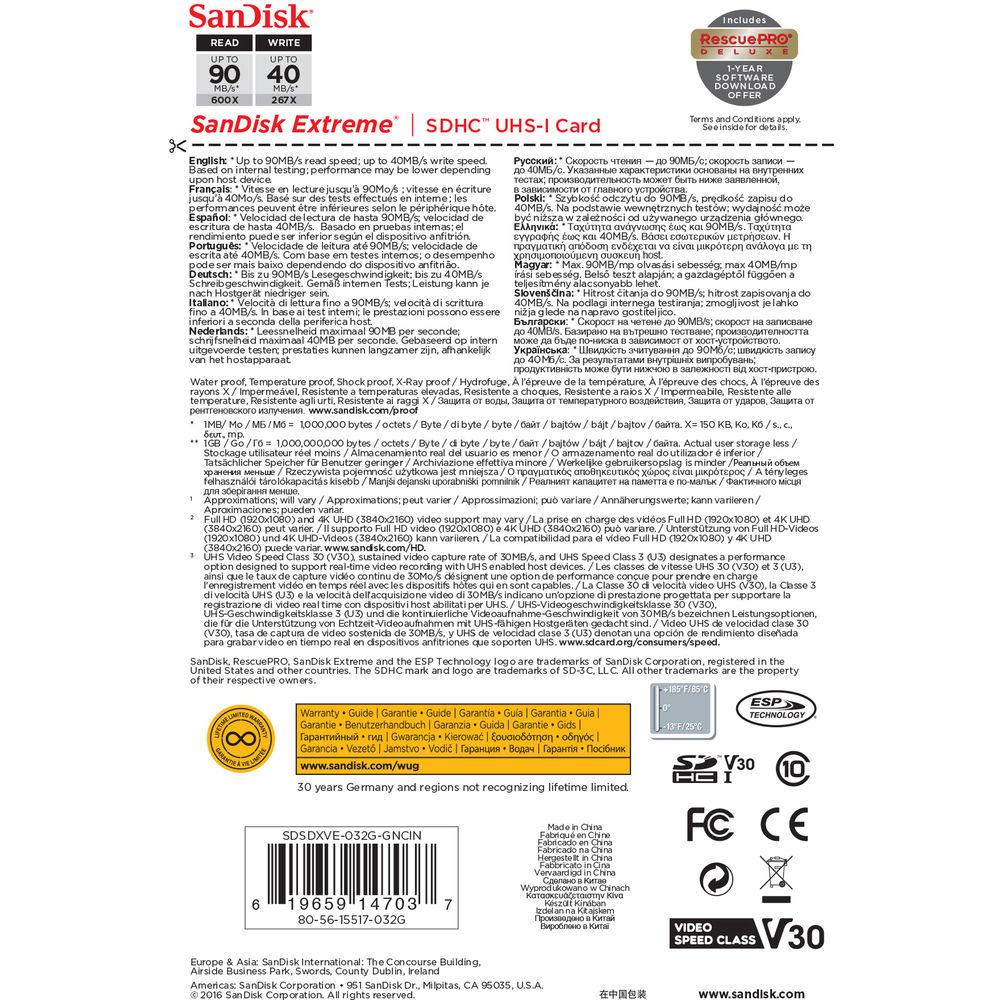 SanDisk 32GB Extreme UHS-I SDHC Memory Card