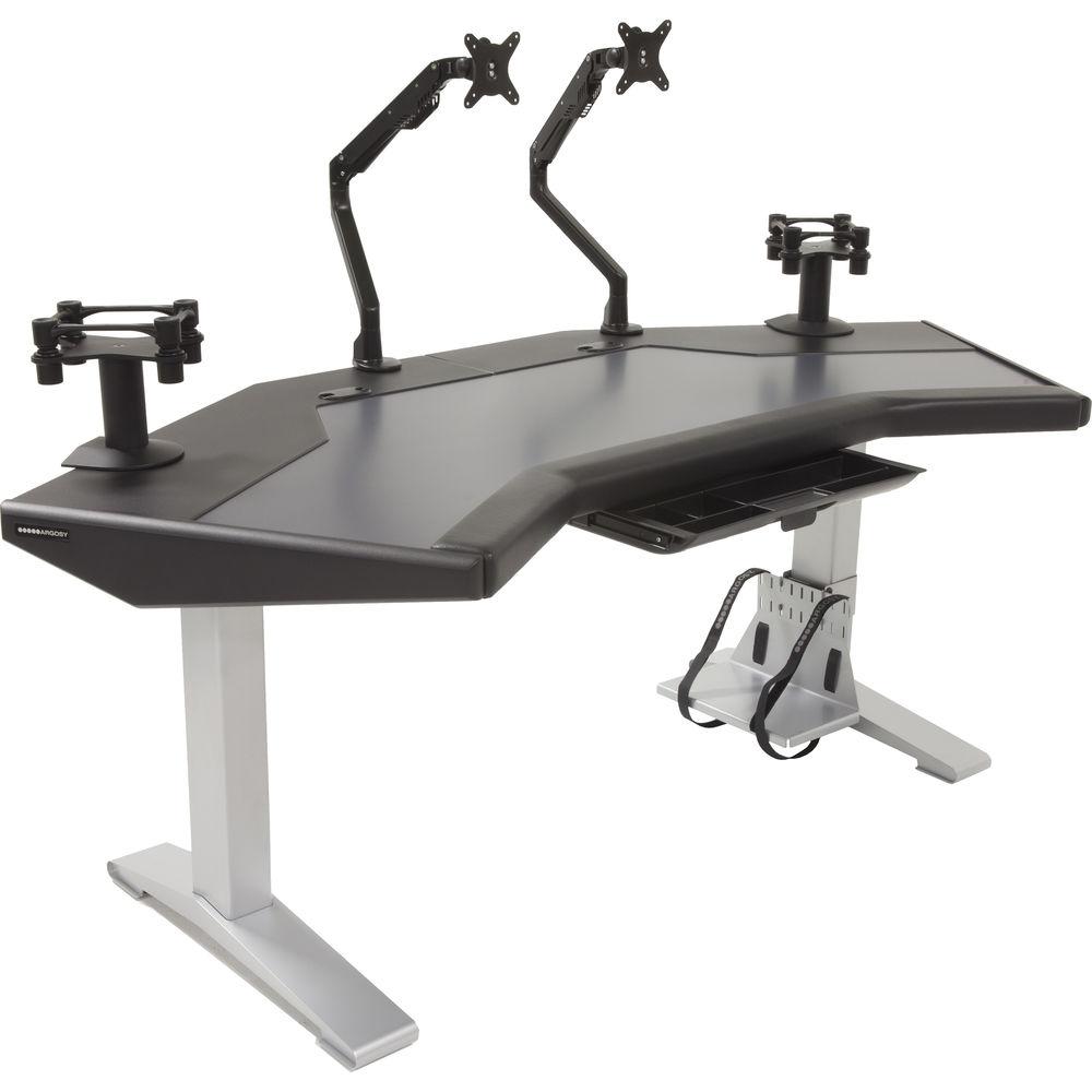 Argosy Halo.G Standard Workstation with Accessory Tray, Two Monitor Arms, Speaker Mount, and CPU Shelf