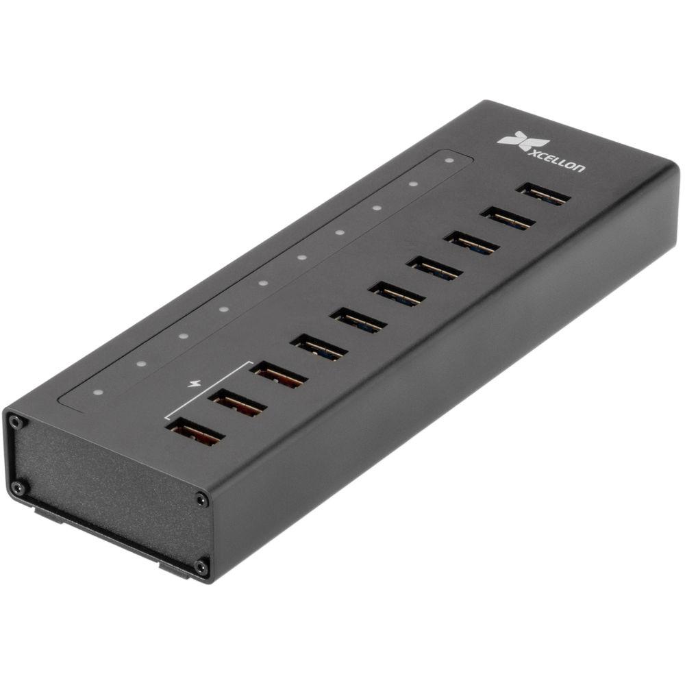Xcellon 10-Port Powered USB 3.0 Slim Aluminum Hub with 3 Dual Data Charging Ports