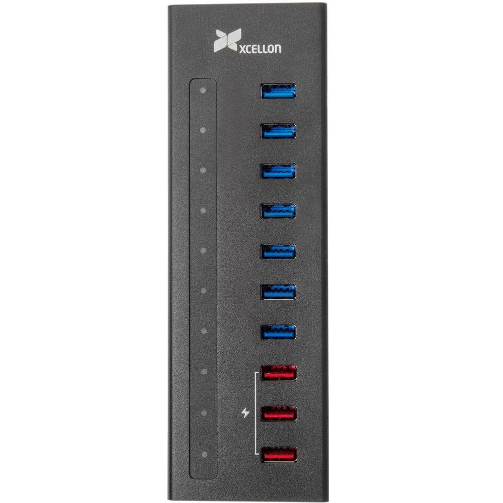 Xcellon 10-Port Powered USB 3.0 Slim Aluminum Hub with 3 Dual Data Charging Ports