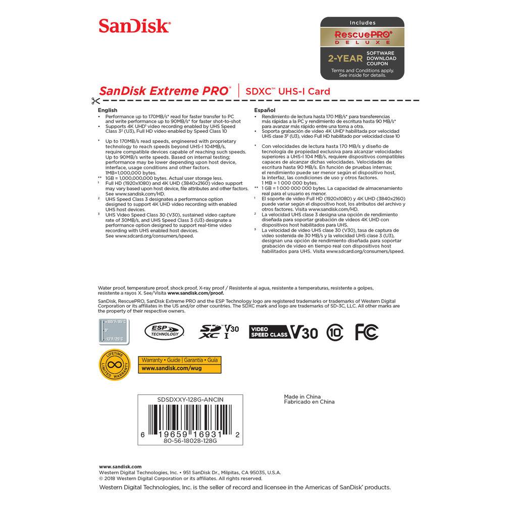 SanDisk 128GB Extreme PRO UHS-I SDXC Memory Card
