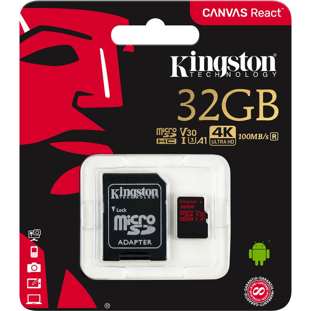 Kingston 32GB Canvas React UHS-I microSDHC Memory Card with SD Adapter