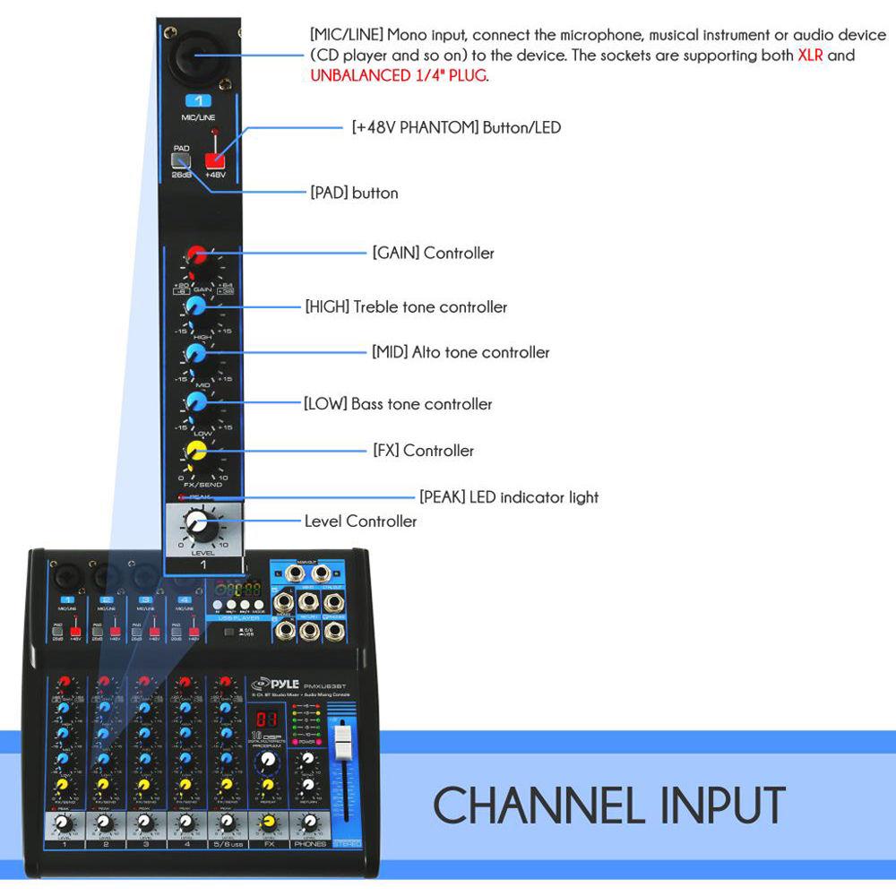 Pyle Pro PMXU63BT Compact 6-Channel, Bluetooth-Enabled Audio Mixer, Pyle, Pro, PMXU63BT, Compact, 6-Channel, Bluetooth-Enabled, Audio, Mixer