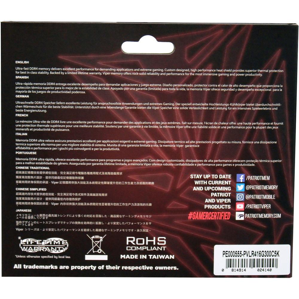 Patriot 16GB Viper Red LED Series DDR4 3000 MHz DIMM Memory Kit