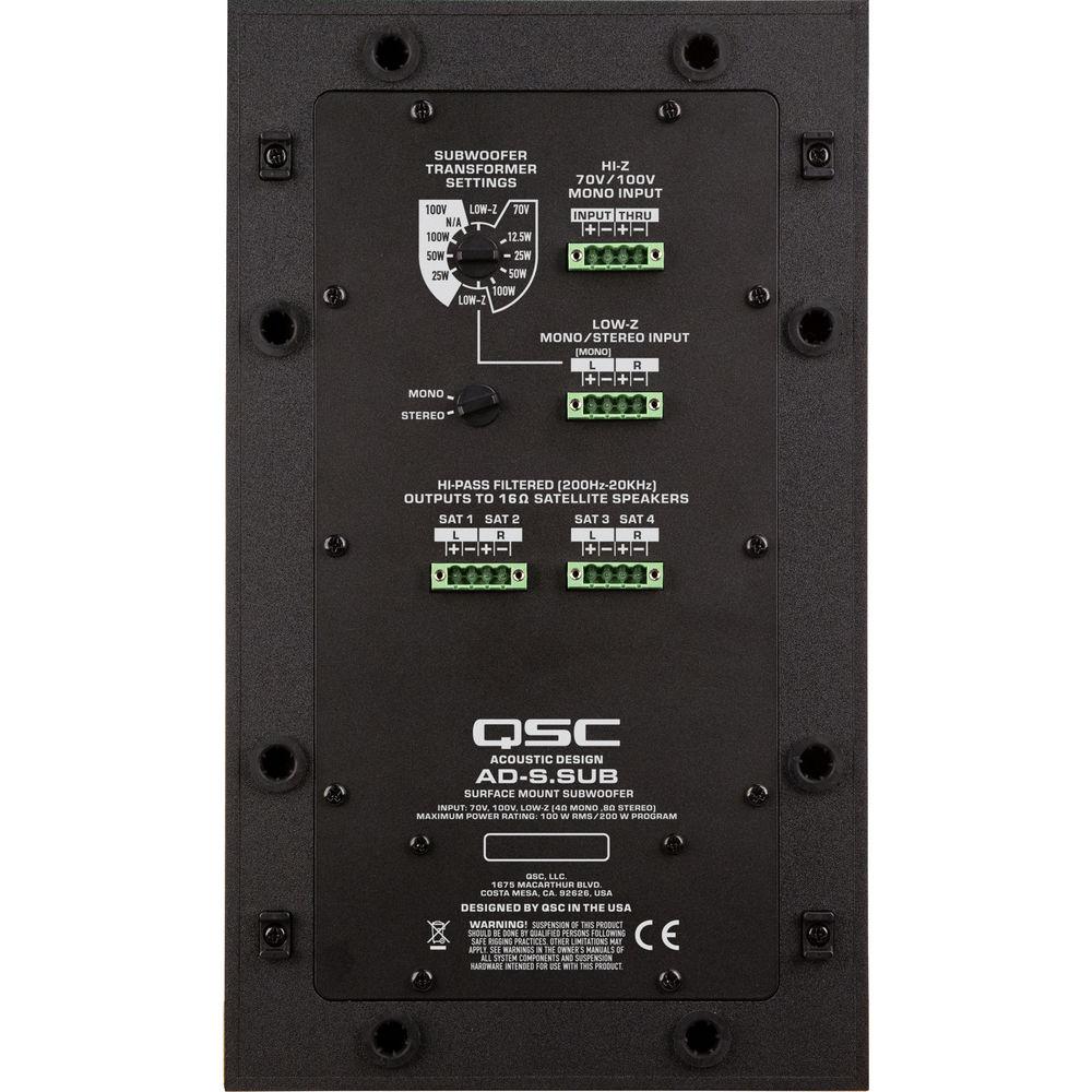 QSC 6.5"DualVoiceCoil Surface Subwoofer HiPass Out-70 100V-Bypass Lo-Z Mono Stereo Surface Instal