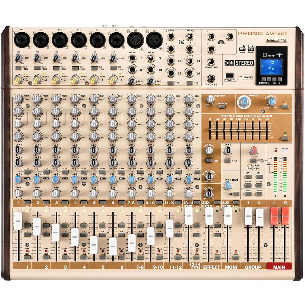 Phonic AM14GE - AM Gold Edition Compact Mixer with Group Output, DFX, Bluetooth, TF Recorder, and USB Interface