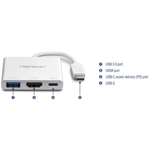 TRENDnet USB Type-C to HDMI Adapter with Power Delivery and USB 3.0 Type-A Port