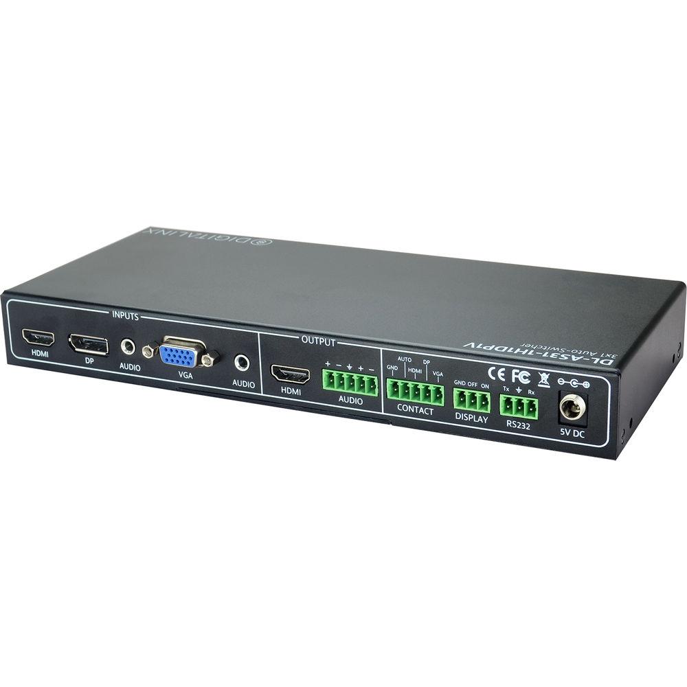 Digitalinx 3 x 1 Auto Switcher with 1 HDMI, 1 DisplayPort with Audio, & 1 VGA with Audio