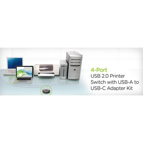IOGEAR 4-Port USB 2.0 Type-B Printer Switch with USB Type-A to USB Type-C Adapter Kit, IOGEAR, 4-Port, USB, 2.0, Type-B, Printer, Switch, with, USB, Type-A, to, USB, Type-C, Adapter, Kit