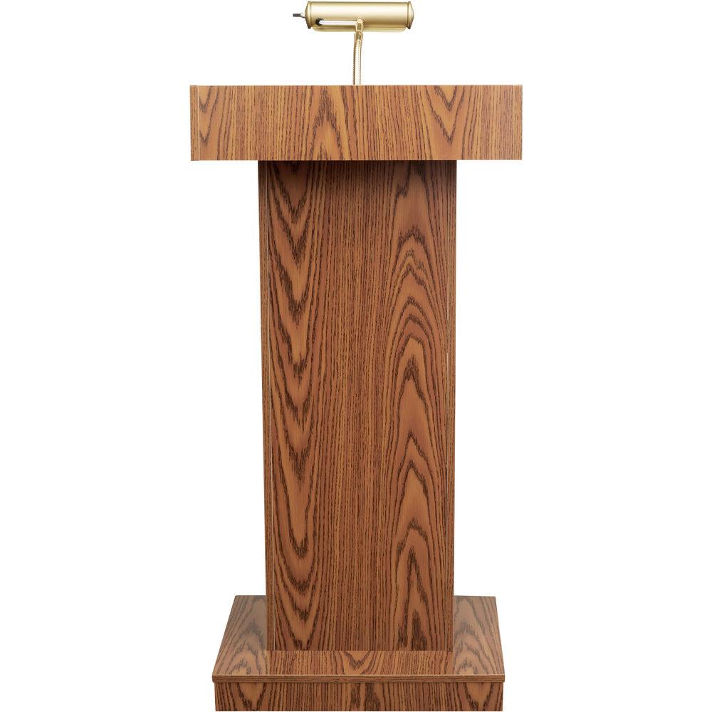 Oklahoma Sound OK810 Premier Lectern - Medium Oak Laminate, Casters, Adjustable, Brass Lamp