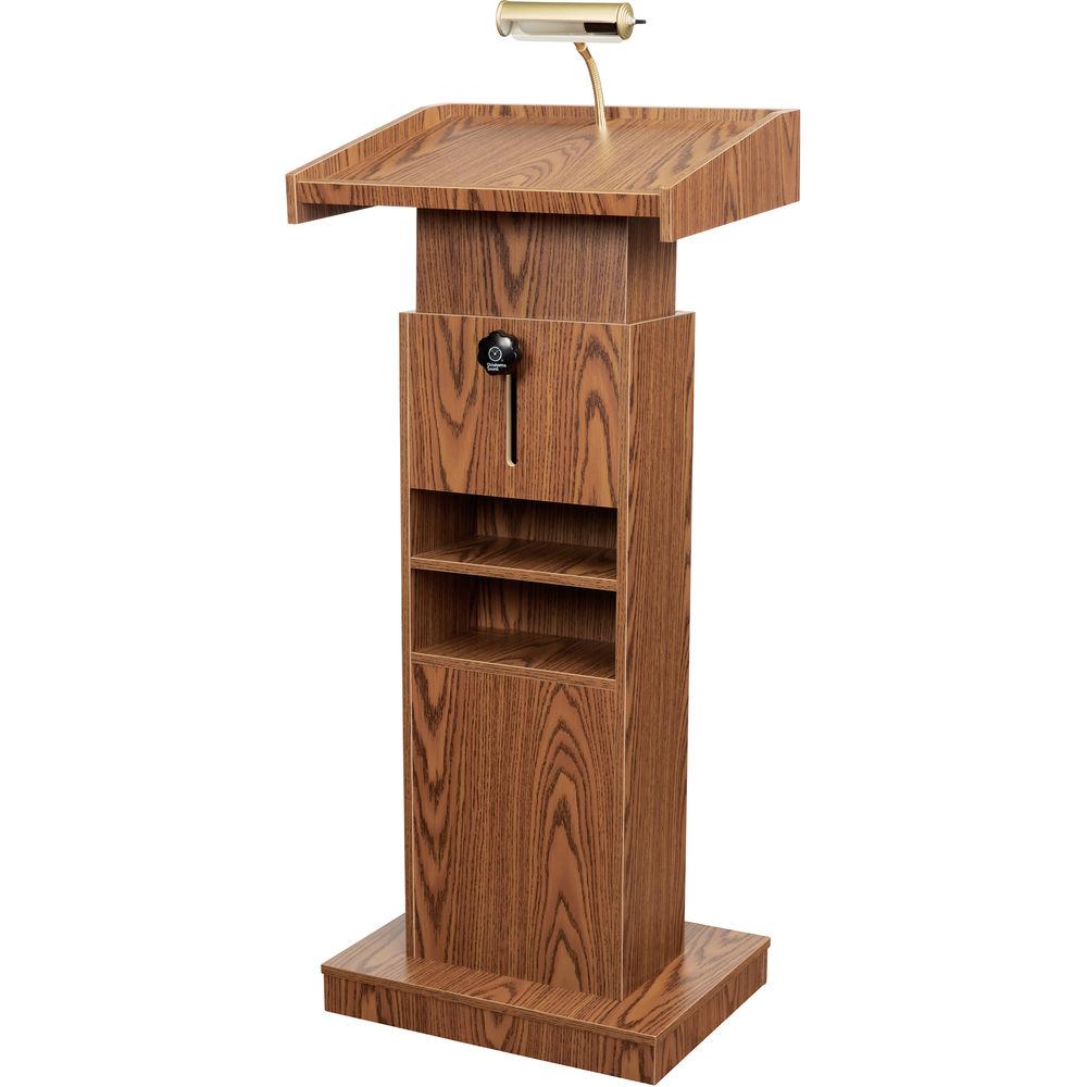Oklahoma Sound OK810 Premier Lectern - Medium Oak Laminate, Casters, Adjustable, Brass Lamp