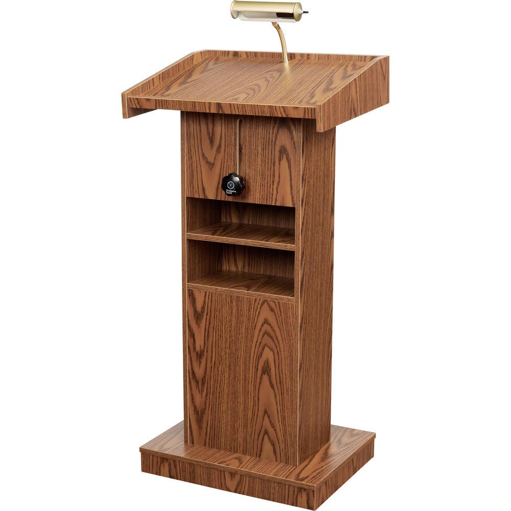 Oklahoma Sound OK810 Premier Lectern - Medium Oak Laminate, Casters, Adjustable, Brass Lamp