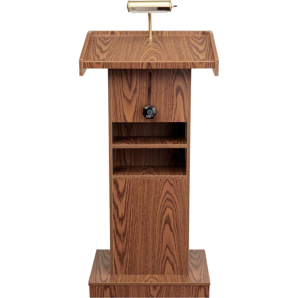 Oklahoma Sound OK810 Premier Lectern - Medium Oak Laminate, Casters, Adjustable, Brass Lamp