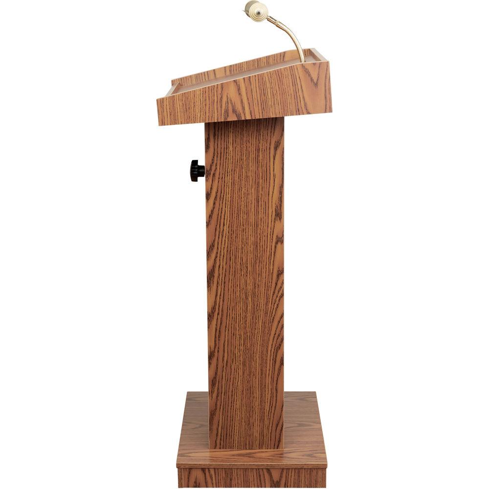 Oklahoma Sound OK810 Premier Lectern - Medium Oak Laminate, Casters, Adjustable, Brass Lamp