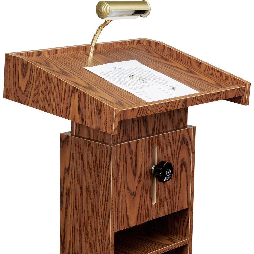 Oklahoma Sound OK810 Premier Lectern - Medium Oak Laminate, Casters, Adjustable, Brass Lamp