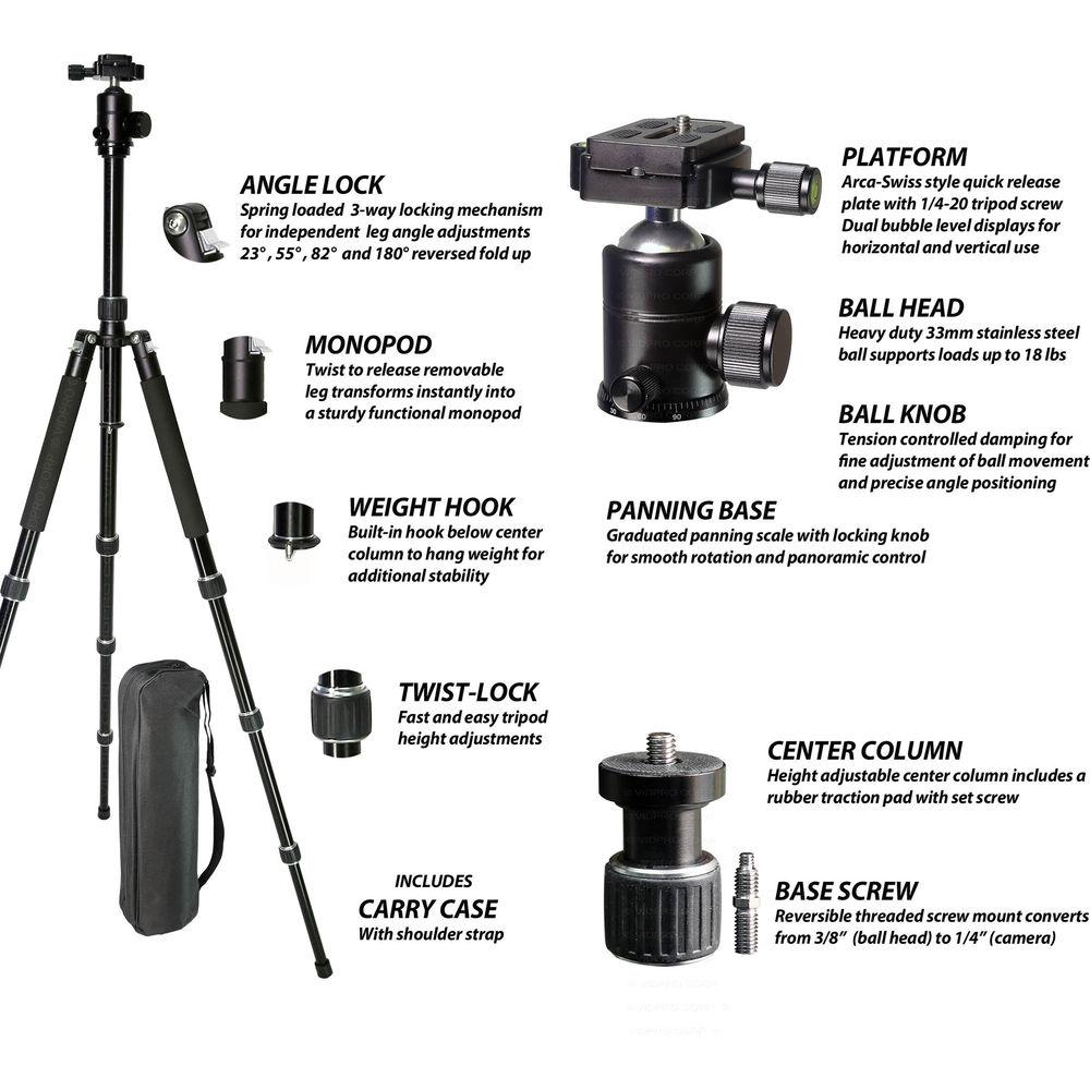 Vidpro AT-72 VentureMaxx 72" Professional Aluminum Travel Tripod with Quick Release Ball Head