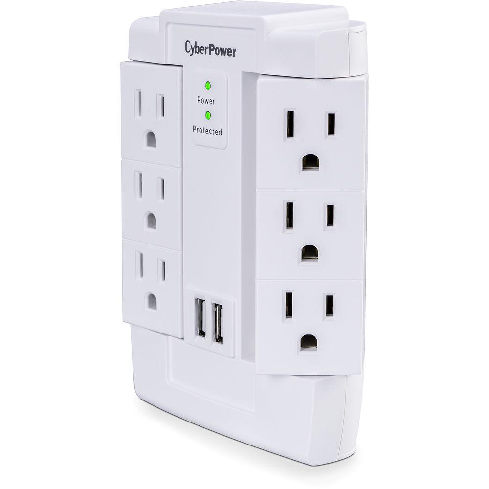 CyberPower Wall Tap with 1200 Joules Surge Protector, 2 USB 2.4A Shared, 6 Swivel Outlet