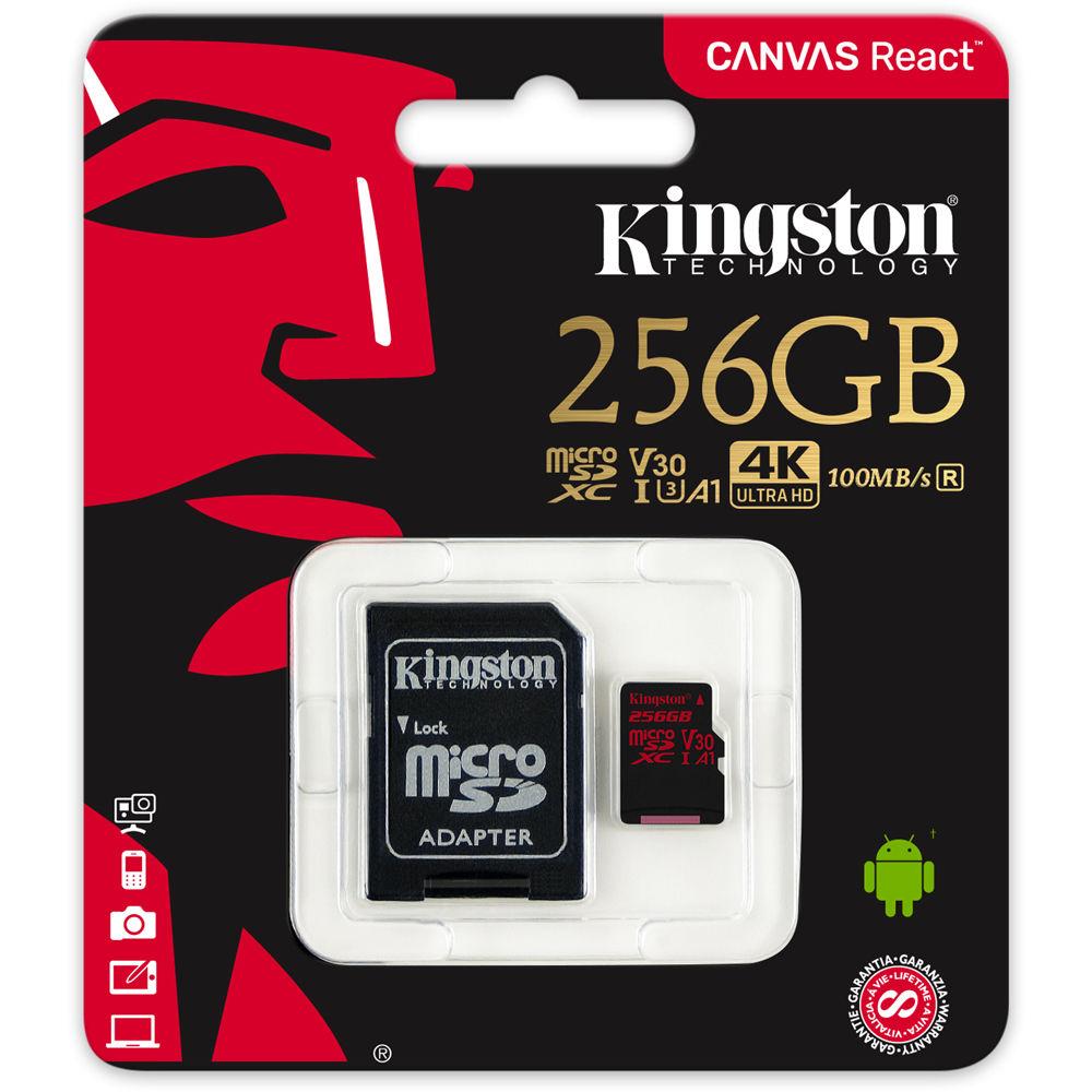 Kingston 256GB Canvas React UHS-I microSDXC Memory Card with SD Adapter, Kingston, 256GB, Canvas, React, UHS-I, microSDXC, Memory, Card, with, SD, Adapter