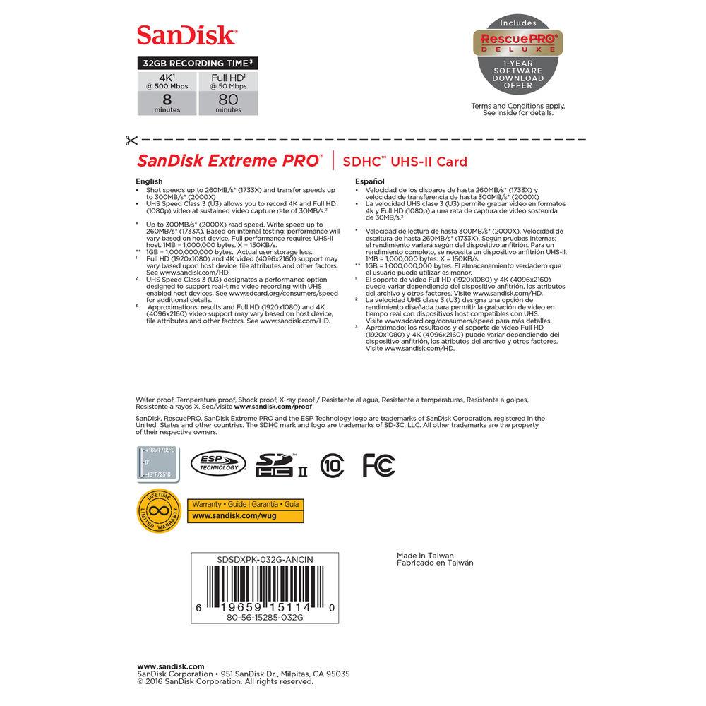 SanDisk 32GB Extreme PRO UHS-II SDHC Memory Card