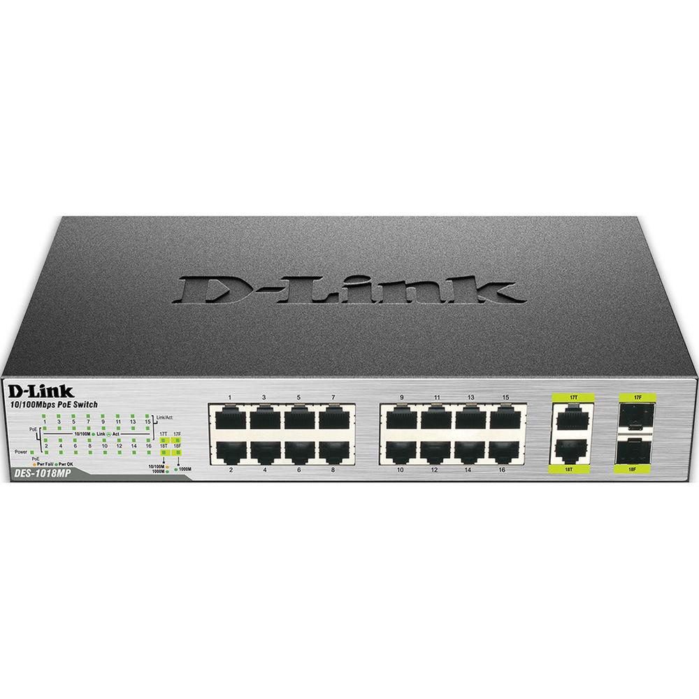 D-Link 18-Port 10 100 Unmanaged Desktop Rackmount PoE Switch with Two 1000Base-T SFP Combo Ports, D-Link, 18-Port, 10, 100, Unmanaged, Desktop, Rackmount, PoE, Switch, with, Two, 1000Base-T, SFP, Combo, Ports