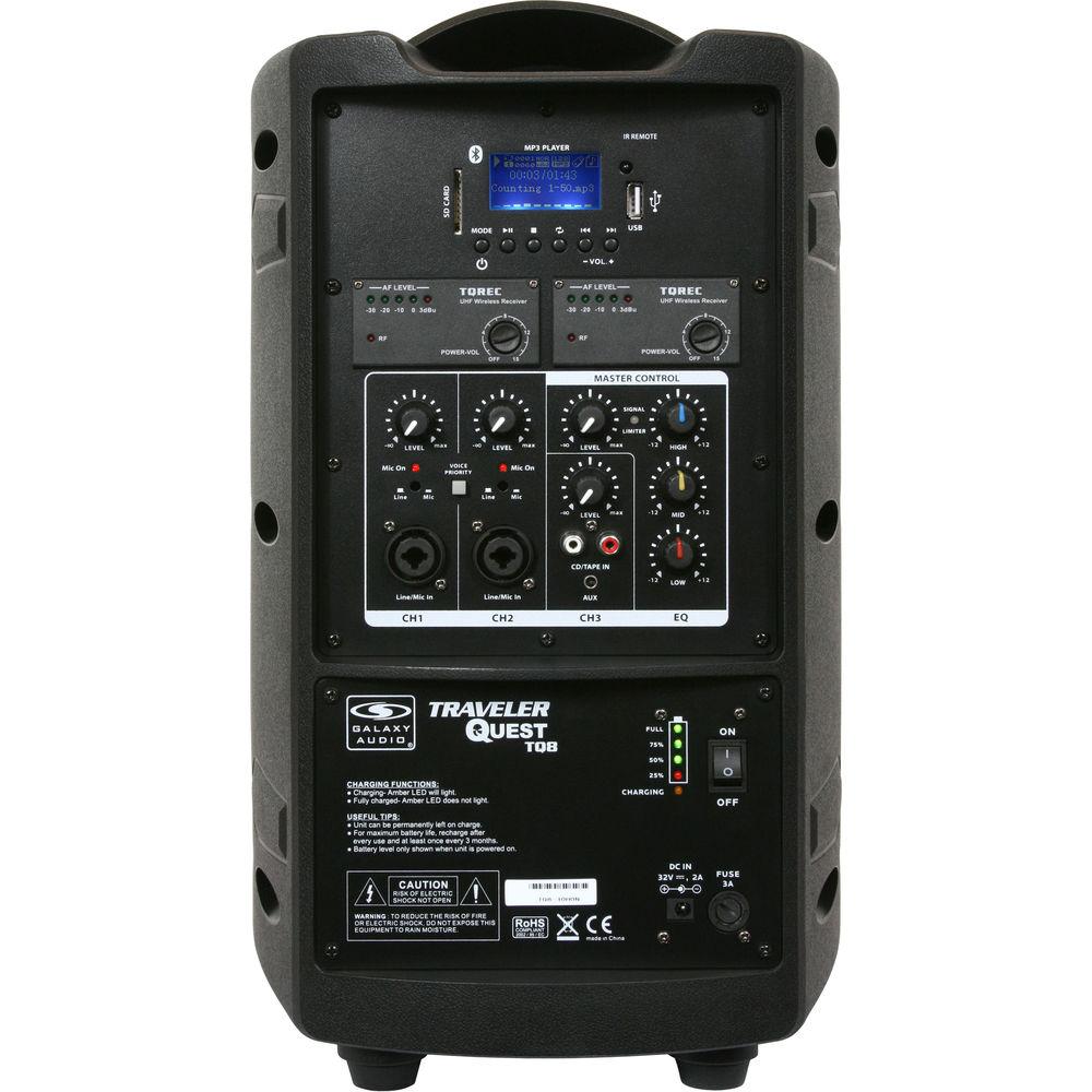 Galaxy Audio TQ8-24SSN Traveler Quest 8 Portable 8" PA System with Two Receivers, Bodypack Transmitters, and Headset Microphones