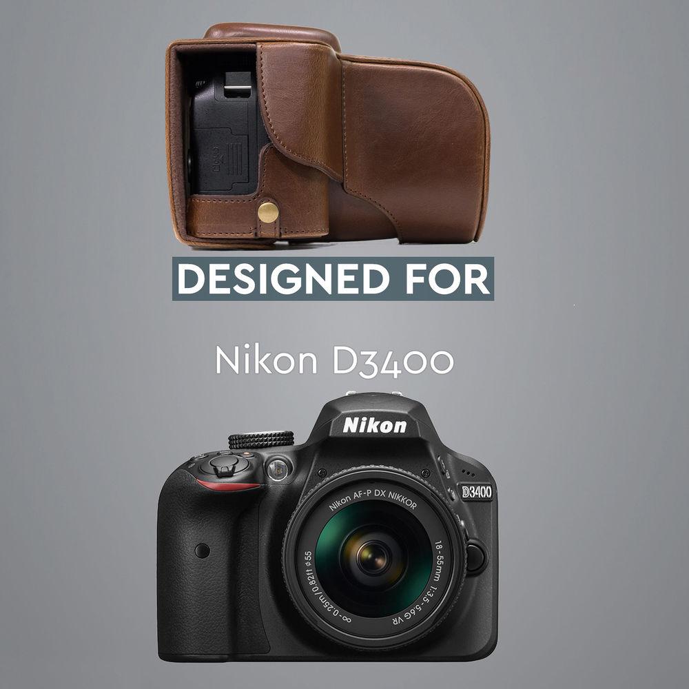 MegaGear Ever Ready PU Leather Case and Strap for Nikon D3400 with 18-55mm Lens