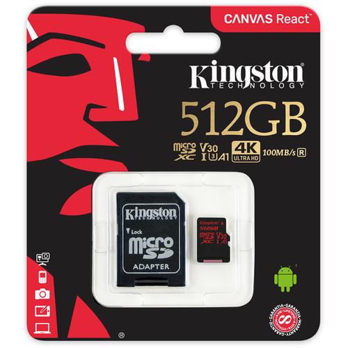 Kingston 512GB Canvas React UHS-I microSDXC Memory Card with SD Adapter, Kingston, 512GB, Canvas, React, UHS-I, microSDXC, Memory, Card, with, SD, Adapter