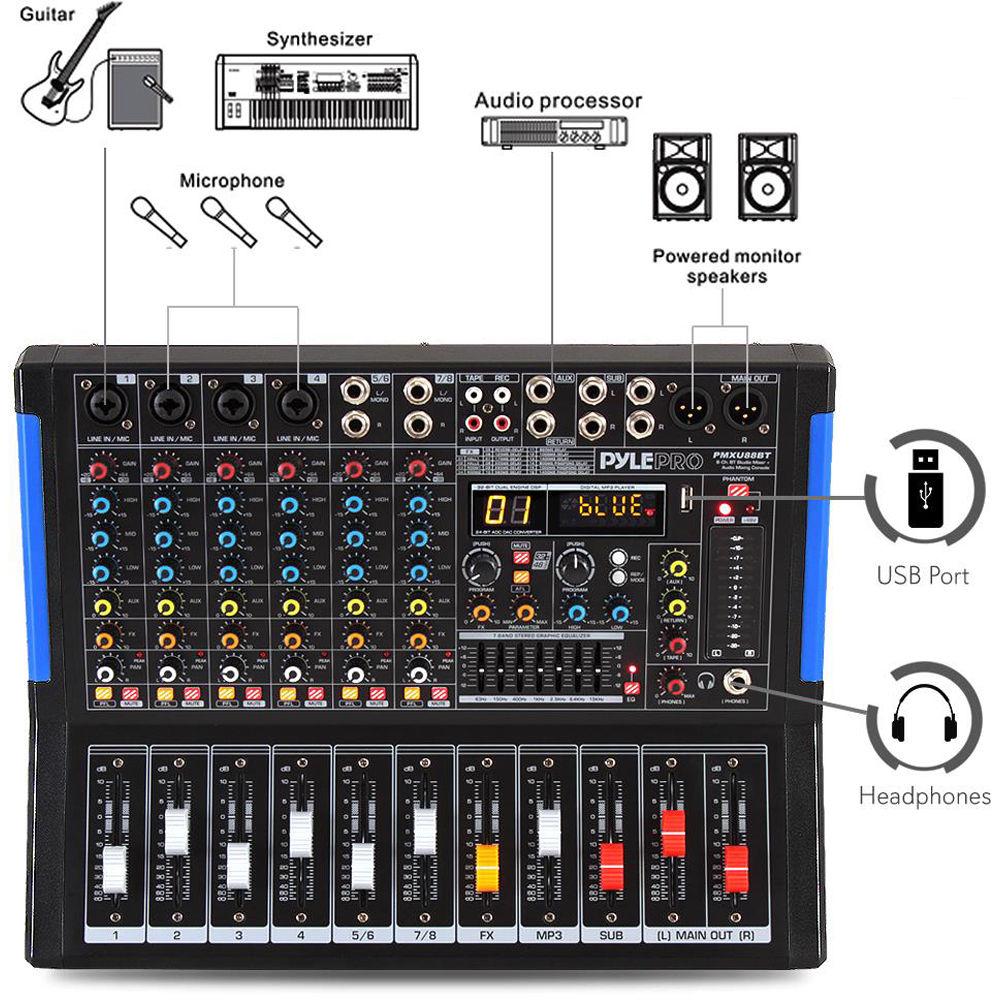 Pyle Pro 8-Channel Bluetooth Studio Mixer and DJ Controller Audio Mixing Console System, Pyle, Pro, 8-Channel, Bluetooth, Studio, Mixer, DJ, Controller, Audio, Mixing, Console, System