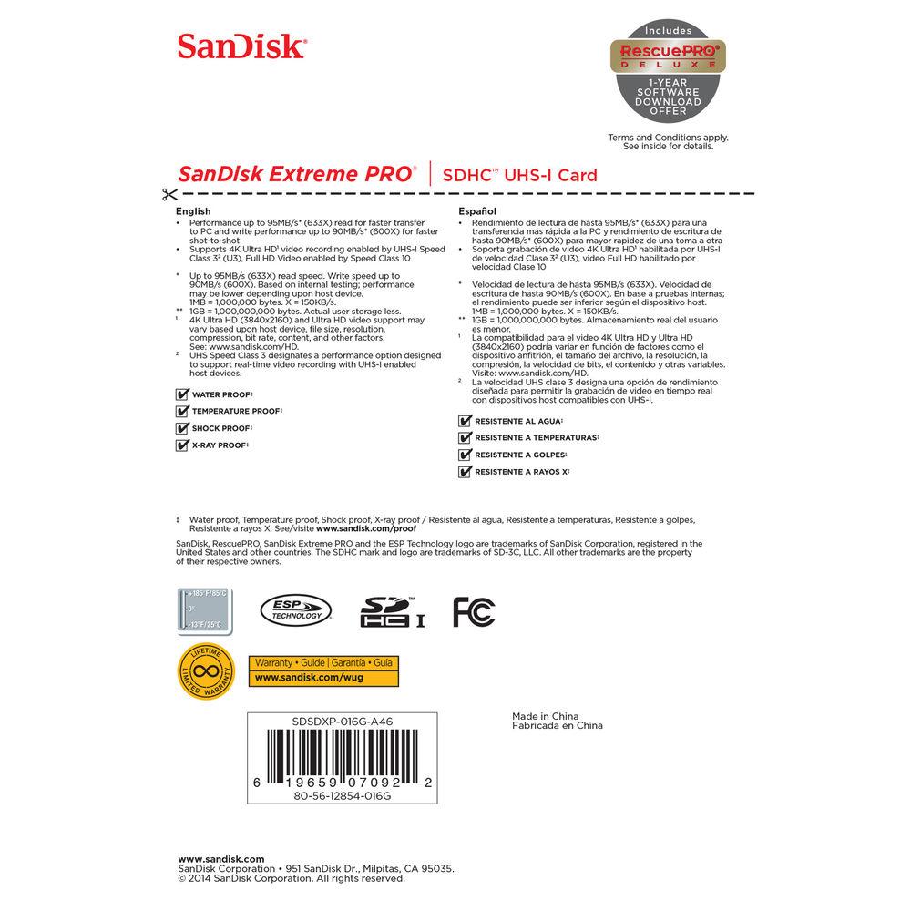 SanDisk 16GB Extreme PRO UHS-I SDHC Memory Card