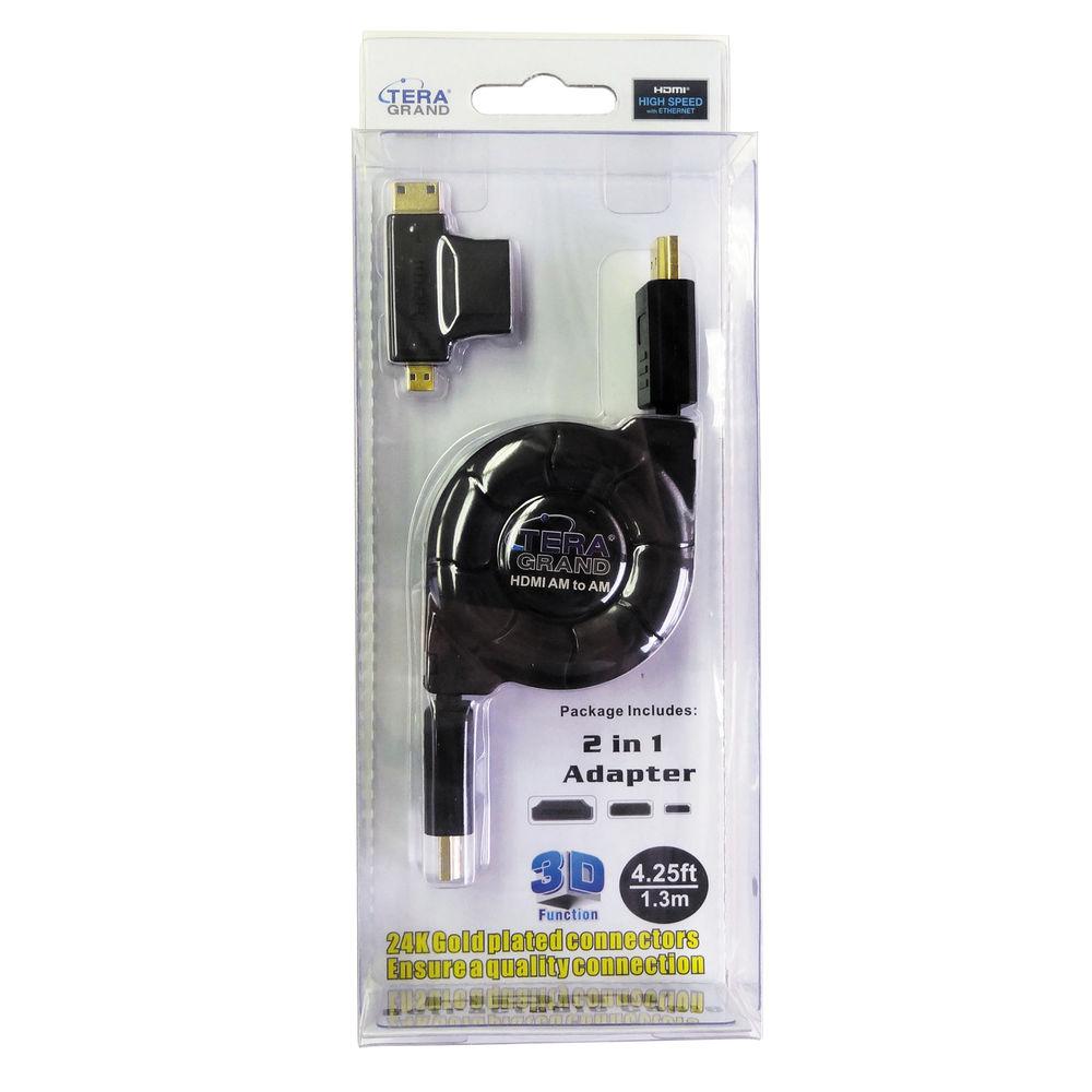 Tera Grand HDMI A Male to HDMI A Male Retractable Cable with Micro Mini HDMI Adapters