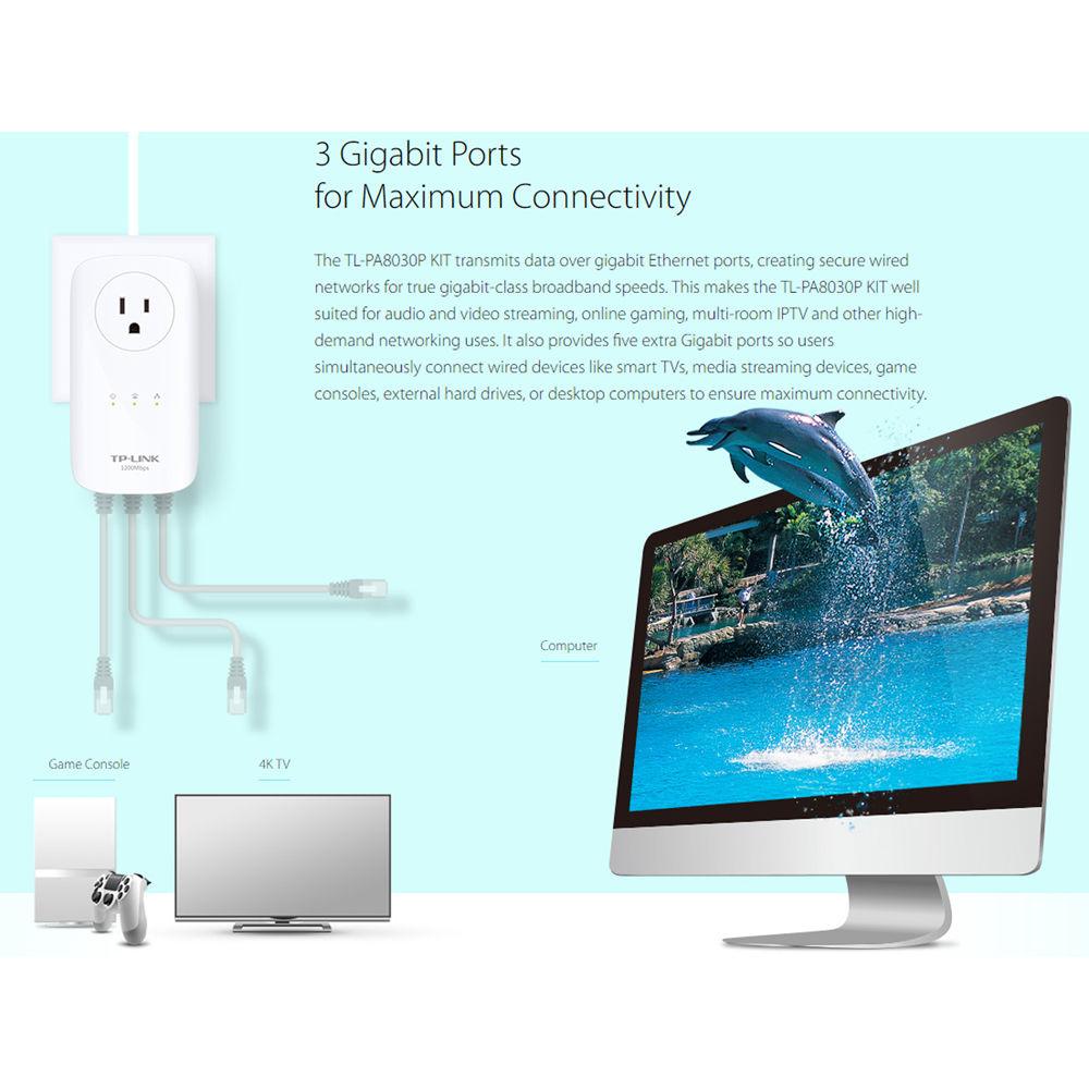 TP-Link TL-PA8030P KIT HomePlug-AV1200 3-Port Gigabit Passthrough Powerline Starter Kit