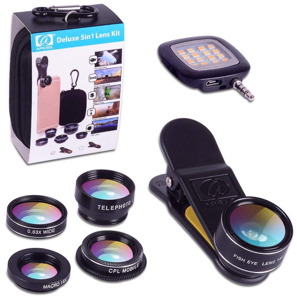 Apexel 6-in-1 Smartphone Camera Lens Kit with LED Fill Light, Apexel, 6-in-1, Smartphone, Camera, Lens, Kit, with, LED, Fill, Light