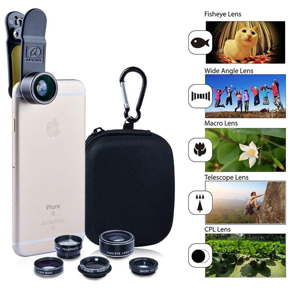 Apexel 6-in-1 Smartphone Camera Lens Kit with LED Fill Light