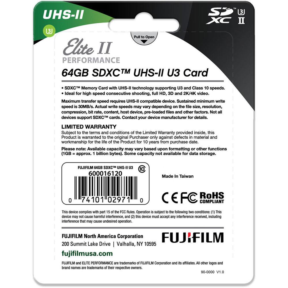 FUJIFILM 64GB Elite II Performance UHS-II SDXC Memory Card, FUJIFILM, 64GB, Elite, II, Performance, UHS-II, SDXC, Memory, Card