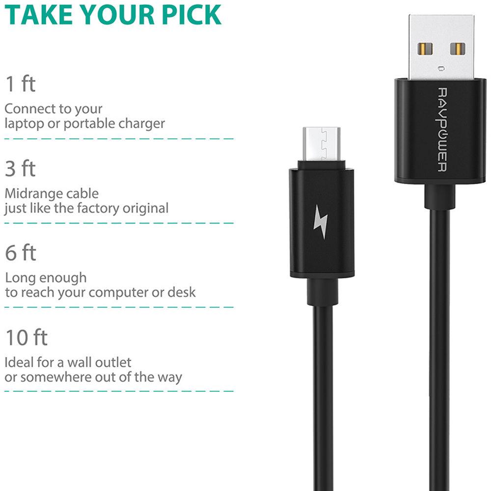 RAVPower USB 2.0 Type-A to Micro-USB Charge & Sync Cables, RAVPower, USB, 2.0, Type-A, to, Micro-USB, Charge, &, Sync, Cables